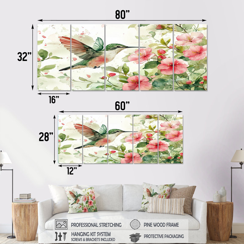 Colibri dans le jardin de la ferme II - Art mural oiseau - Art mural moderne pour le salon, H 32 po x l 80 po
