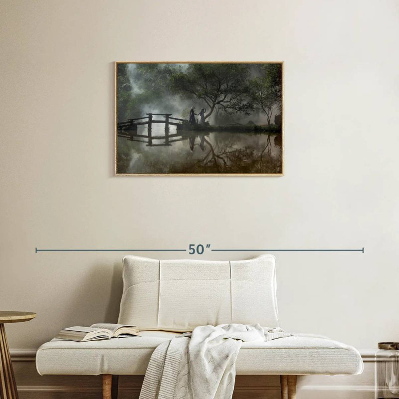 Balade vietnamienne au lac, 31 po x 21 po, Cadre flottant en bois naturel