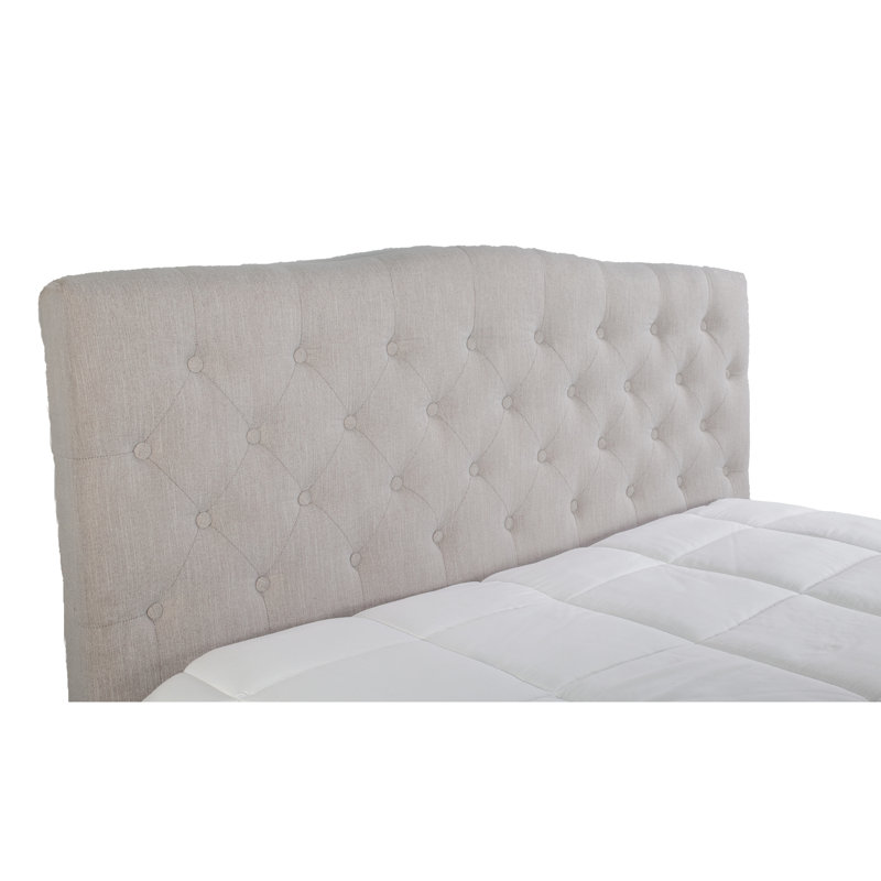 Grand lit tapissier grand avec 2 tables de chevet, couleur pierre, gris, bordures en noyer, tablettes et côtés en pierre, 100% côtés, poignées à panneaux