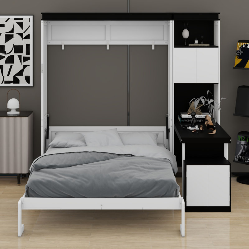 Lit escamotable peu encombrant avec bureau intégré et tablettes de rangement
