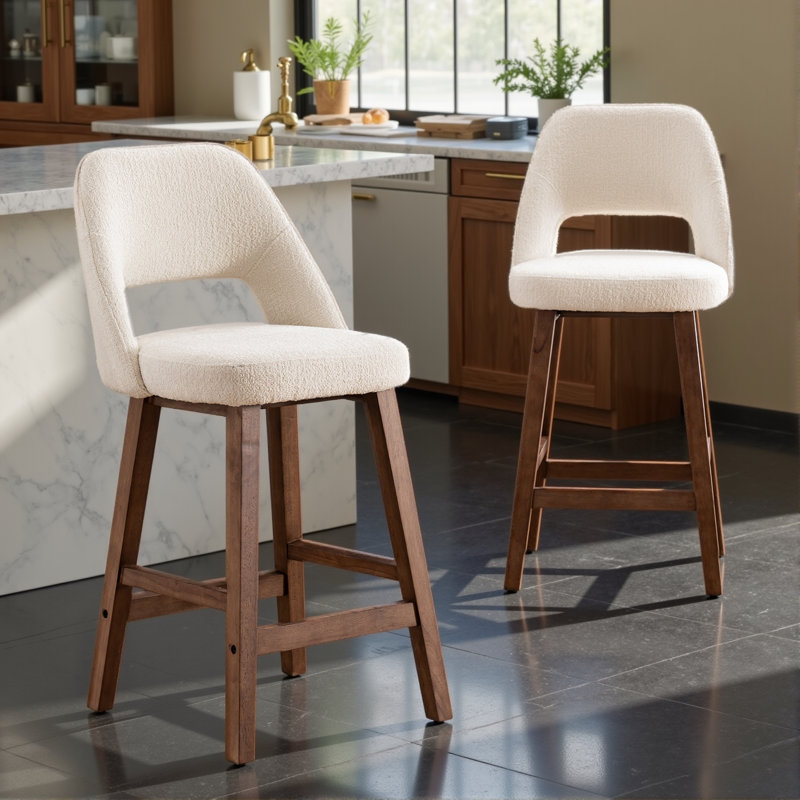 Mid-Century Modern Armless Upholstered Counter Stool, Beige Boucle