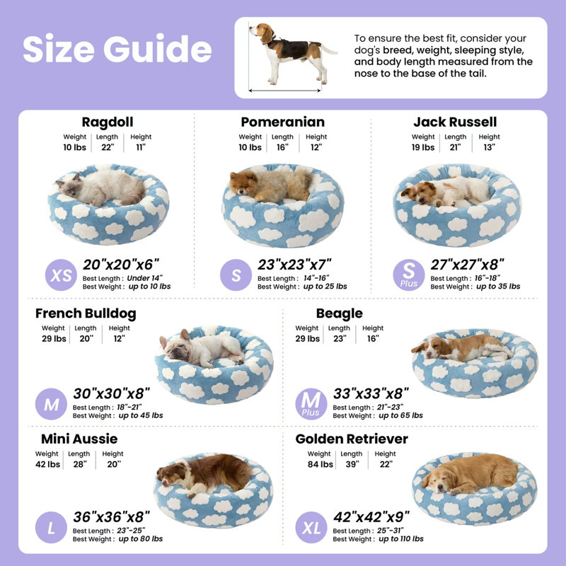 Lit pour chien Lesure Donut, Très grand (H 6 po x l 20 po x P 20 po), Nuage bleu clair