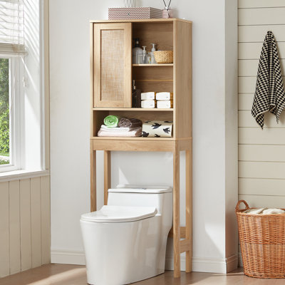 Over The Toilet Storage Cabinet With Rattan Sliding Door, 68" Tall Wood Above Toilet Bathroom Organizer W/Adjustable Shelf & Curved Profile, Space Saver Freestanding Washer Shelf