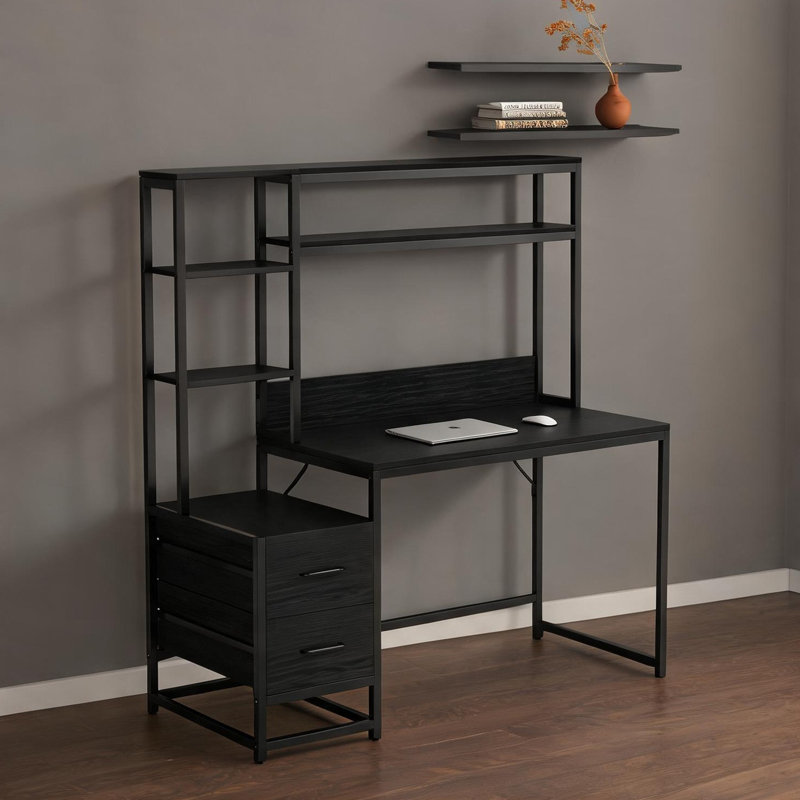 Computer Desk with Hutch and Drawers, Wood Veneer and Steel, Jet Black, Compact Rectangular Workspace for Home Office
