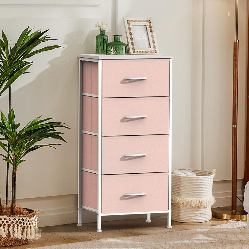 Enegess 4 Drawer Storage Dresser Chest, Pink/White