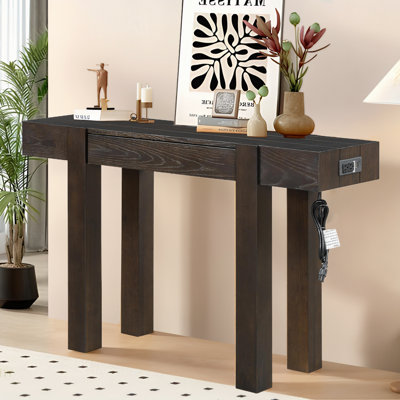 Thick Solid Wood Entryway Table With Charging Ports And Hidden Storage Drawer|Timeless Minimalist Style