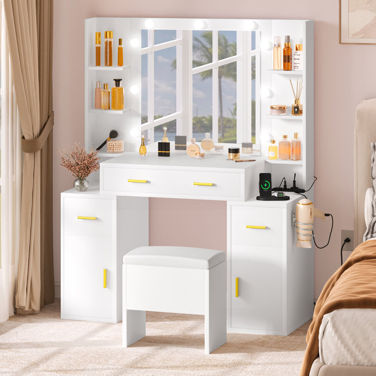 Venette Vanity with Built-In Outlets and Lighted Mirror