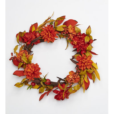 22" Artificial Fall Mums & Leaves Wreath