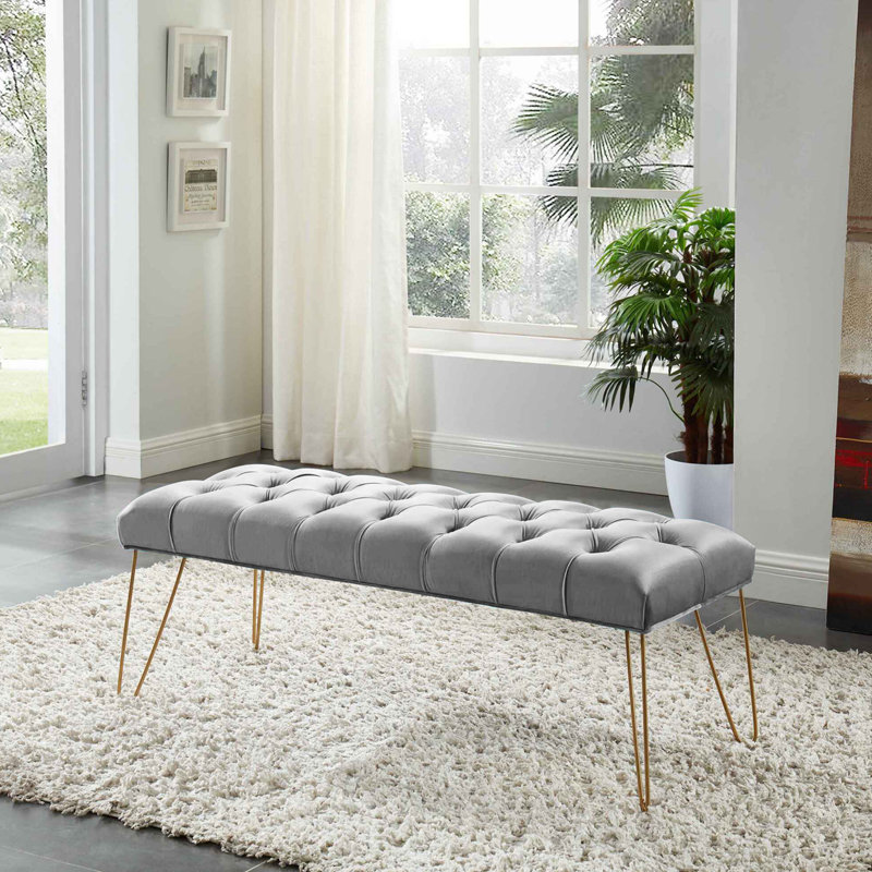 Banc en velours capitonné avec pieds dorés, Gris