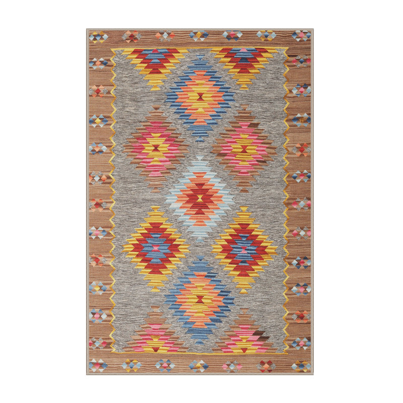 Tapis de zone rouge/jaune/rose contemporaine, Rectangle 5 pi x 8 pi