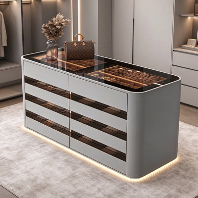Vitrine à bijoux en bois manufacturé gris avec compartiments de rangement de type tiroir