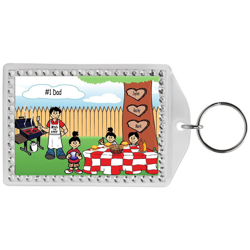 Personalized Name That Toon Family Backyard Barbeque Single Dad 1 boy 2 girls Rhinestone Bordered Key Chain, Yes