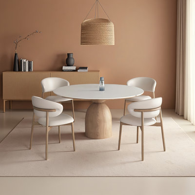 Rock Slab Round Solid Wood Base Dining Table and Chairs Set