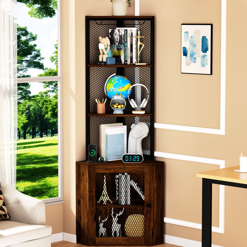 Armoire d'angle de 65 po avec tablettes, tablette de présentation à 6 niveaux et fonction de charge, autoportante pour le salon, portes de bureau rustiques brunes, cadre de tablettes de rangement,