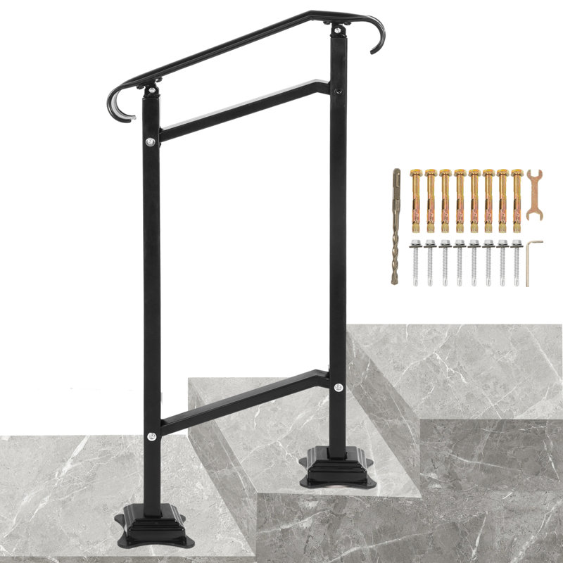 Adjustable Black Wrought Iron Handrail for 1-2 Steps