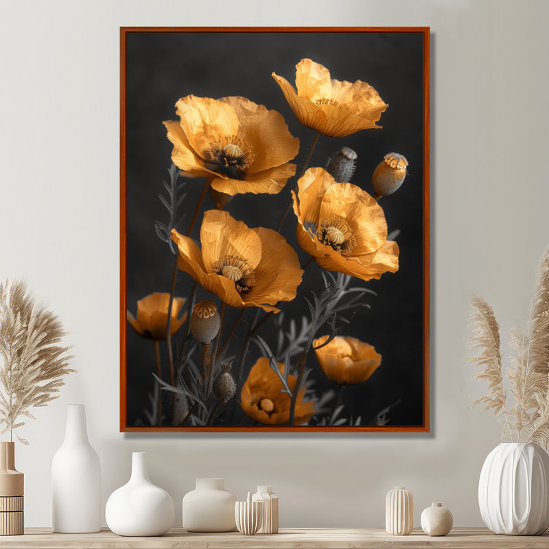 Or noir rétro Glamour Poppies - coquelicots, impression d'art mural, Toile avec cadre flottant brun