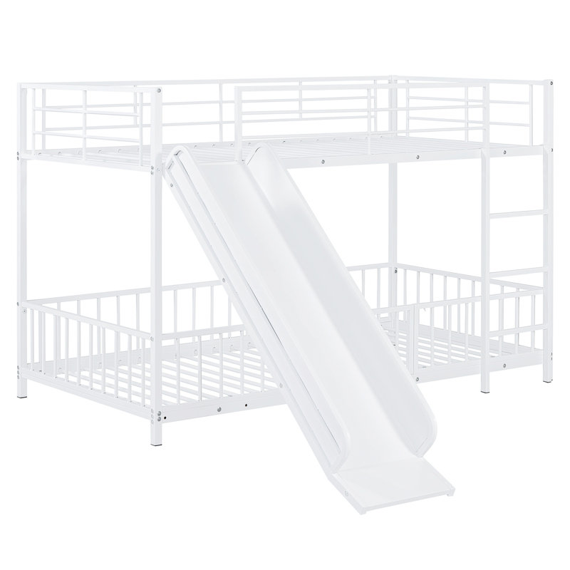 Metal Bunk Bed With Slide And Guardrails, White, Twin
