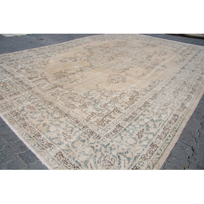 Grand tapis turc beige en laine Oushak - authentique tapis Anatolian fait à la main