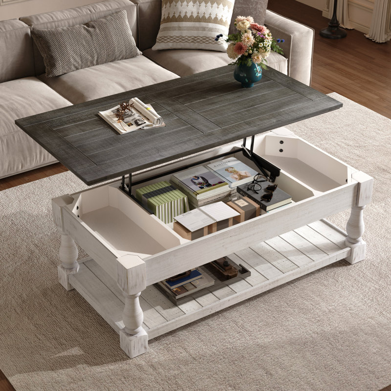 Table basse à plateau relevable, 3 plateaux de rangement cachés, fabrication en bois massif, gris antique et blanc vieilli, deux niveaux pour un salon bien organisé, table polyvalente avec tablette fixe, bois, confortable