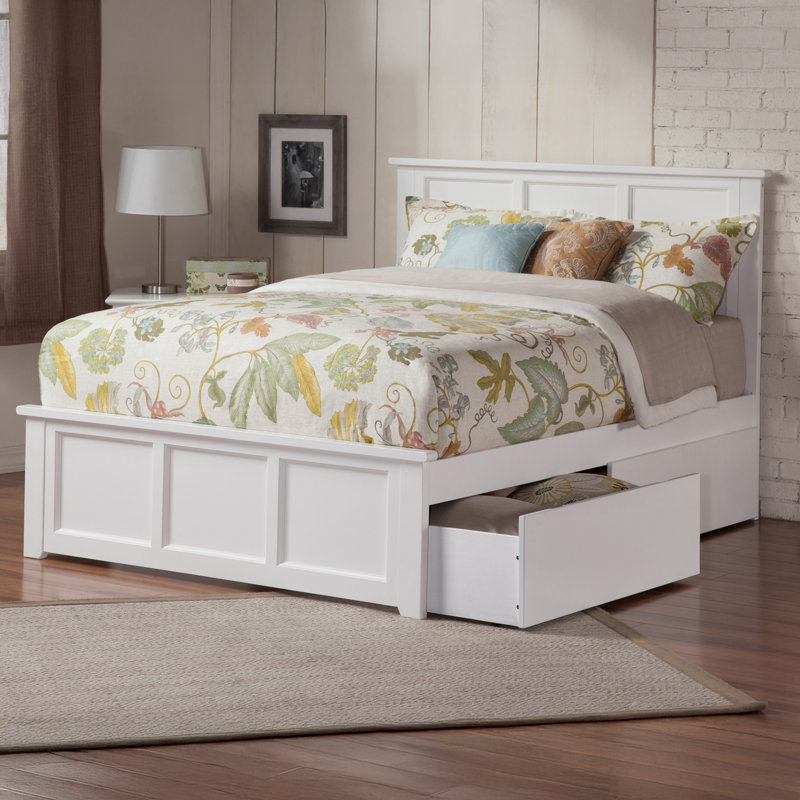 Amear Solid Wood Storage Platform Bed with Under Bed Drawers, White, Queen