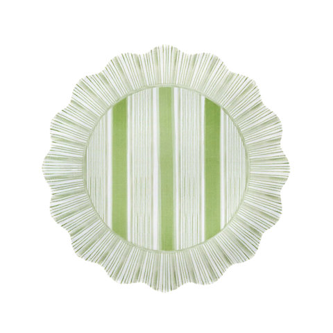 Green and white striped placemat with ruffled edge.