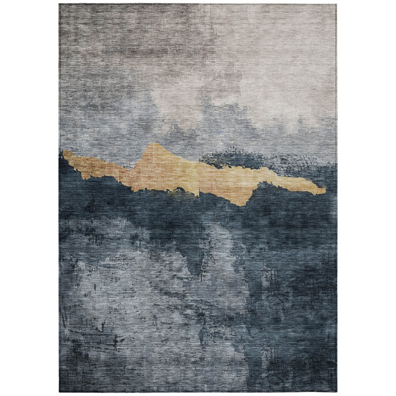 Blue and Beige Flat Woven Synthetic Washable Area Rug 10' x 14'
