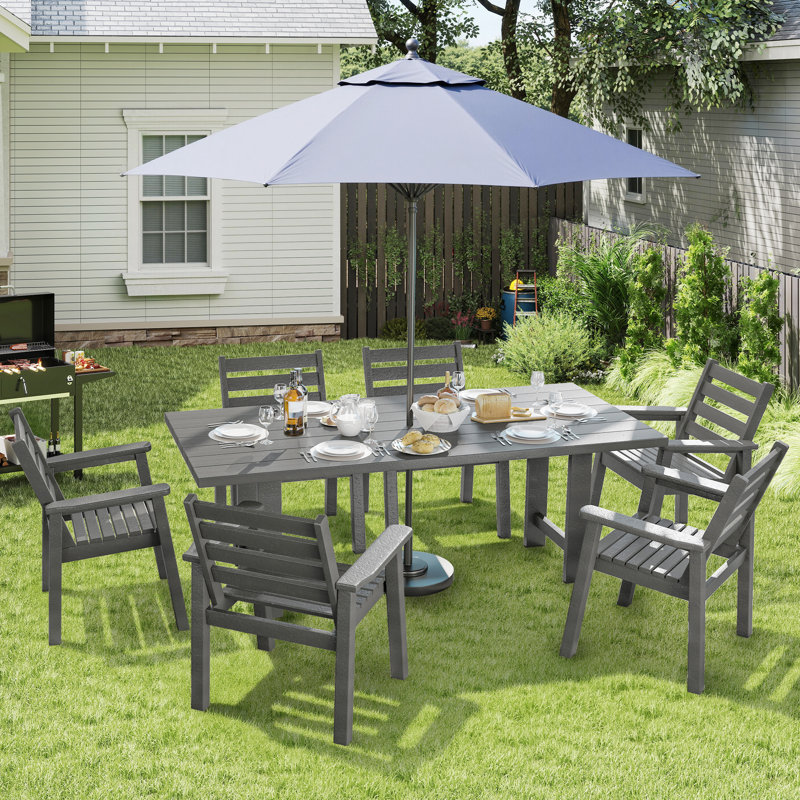 Immie 7- Piece HDPE Outdoor Dining Table Set With Chairs & Umbrella Hole, Gray, 6, Gray