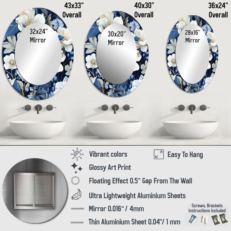 Miroir mural oval bleu glacé et fleurs blanches enneigées, H 40 po x l 30 po