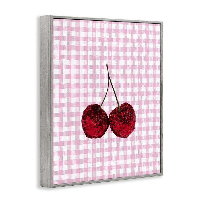 Estampe numérique cerise scintillante sur fond vichy rose, design par Lish Creative, 20 x 16, Giclée de ferme grise encadrée