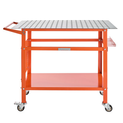40"x24" Orange Welding Table, 800lbs Static Capacity, 600lbs Dynamic Frame, 216 5/8 - Inch Fixture Holes, Double Layer Storage, Side Tool Hanging, 11 Hooks, 4 Wheels  2 With Brakes  For Flexibility