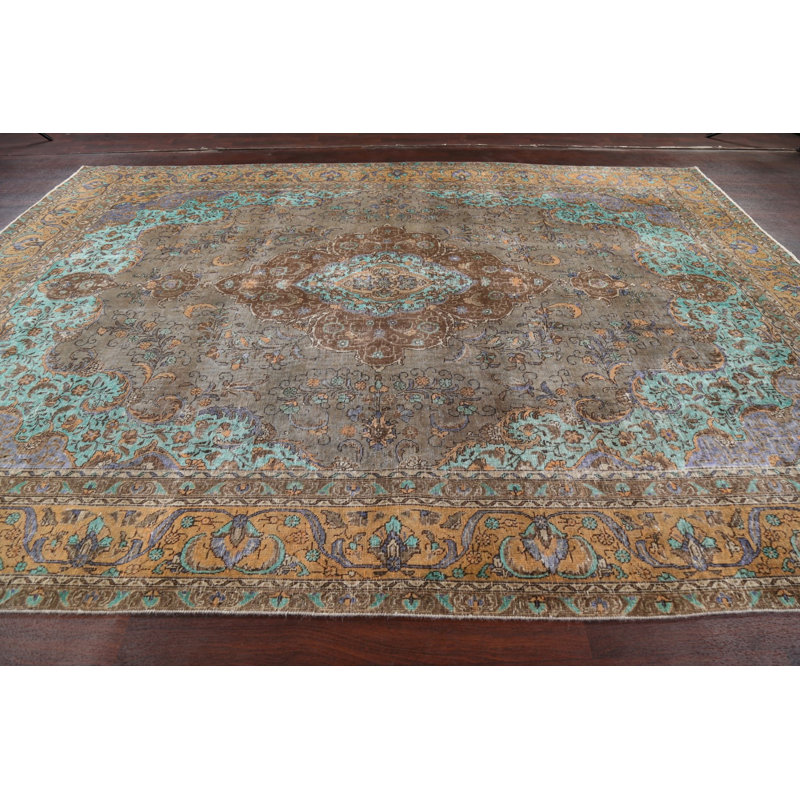 Tapis unique en laine noué à la main des années 1950 en brun / turquoise / orange