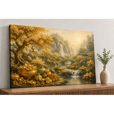 Large Chinese Feng Shui Abundance River Pavilion Wall Art Canvas Print 24X36 Inch Peaceful Wealth Decor, Living Room Bedroom Decor, Asian Retreat Style - Ready To Hang