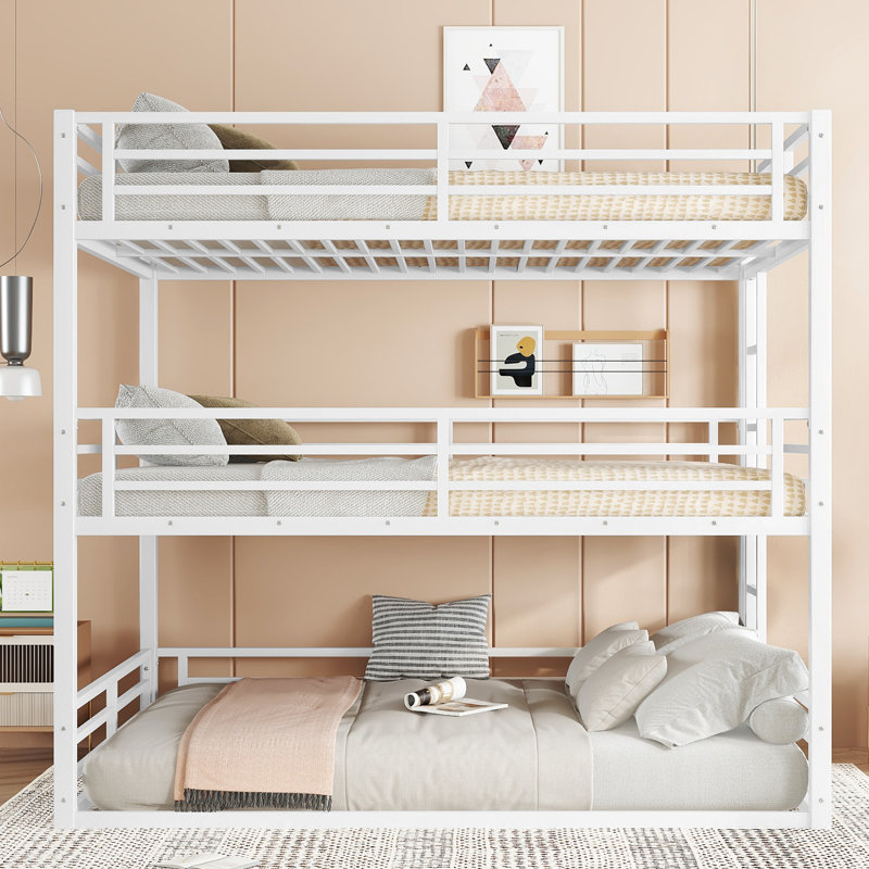 Queen Over Queen Over Queen Bunk Bed, Metal Triple Bunk Bed With Safety Guardrails, Heavy-Duty Bunk Bed With Noise-Reduced Design, White