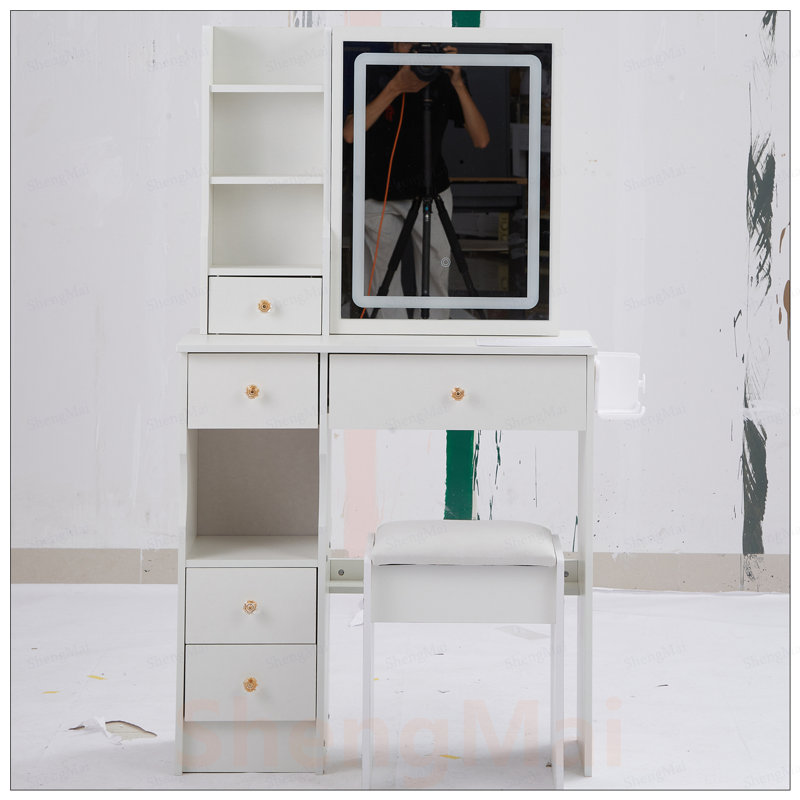 Table de coiffeuse compacte à tiroir gauche avec tabouret rembourré, centrale électrique, support pour sèche-cheveux et miroir à DEL réglable pour les petits espaces
