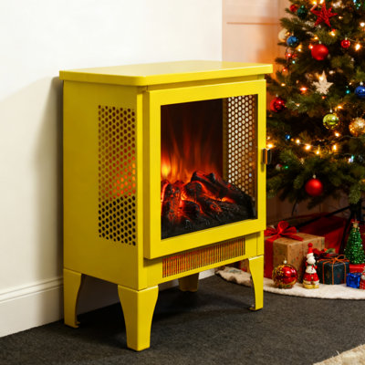 Lemon Yellow 18 Inch Freestanding Electric Fireplace Stove, 3D Flame Effect, 1400W/700W Heat Output, 5000 'S Per Hour, 400 Sq. Ft. Heating, Overheat And Fuse Protection, Panoramic View, Removable