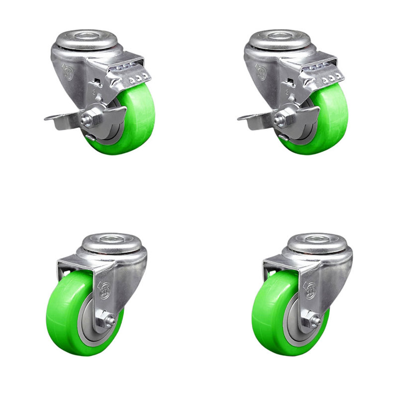 Ensemble de roulettes pivotantes en polyuréthane 3,5 po avec 2 freins, Vert
