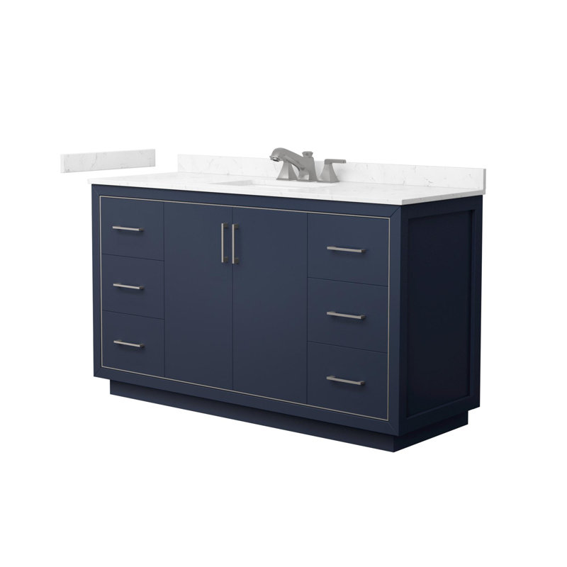 Meuble-lavabo simple autoportant 60 po avec plateau en marbre Icon, Bleu, Nickel brossé