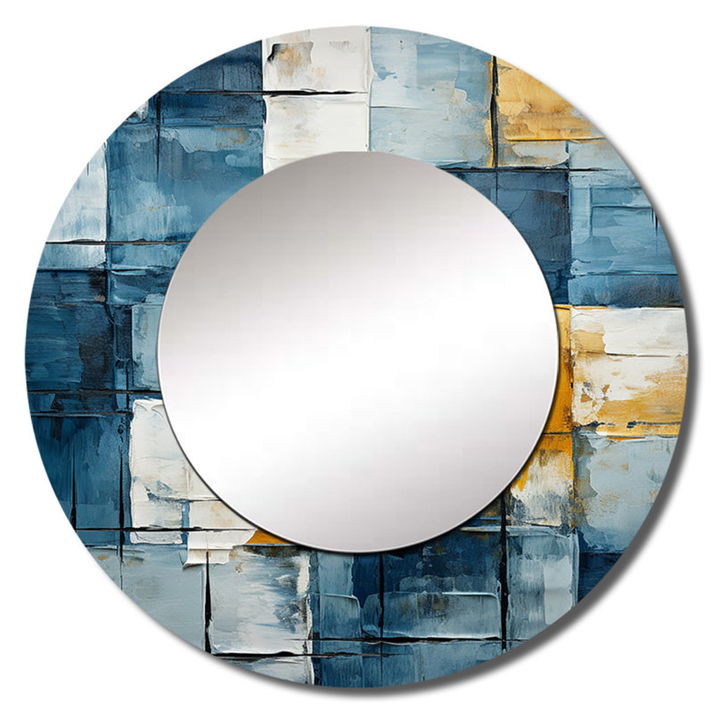 Cerulean Cubism Shapes I - grand miroir à formes abstraites, miroir mural rond bleu, impression sur métal, 23 po x 23 po