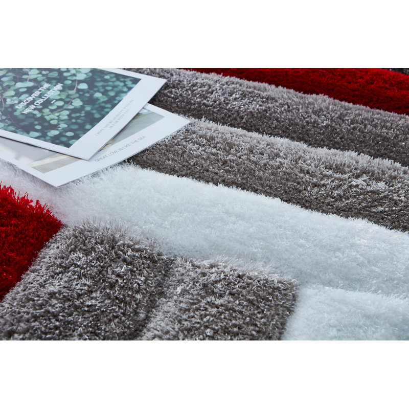 Tapis brun / noir / rouge à poils longs fabriqué à la main Kadir, Rectangle 5 pi x 7 pi