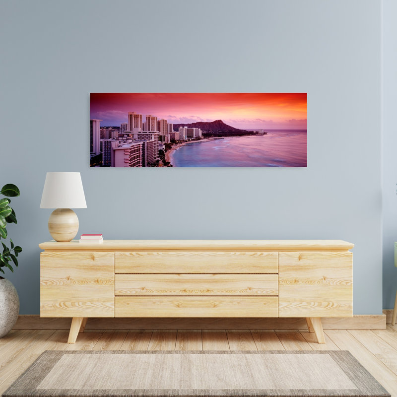 Coucher de soleil, Honolulu, Oahu, Salut, États-Unis, art abstrait moderne et coloré, plage, art mural, H 16 po x l 48 po