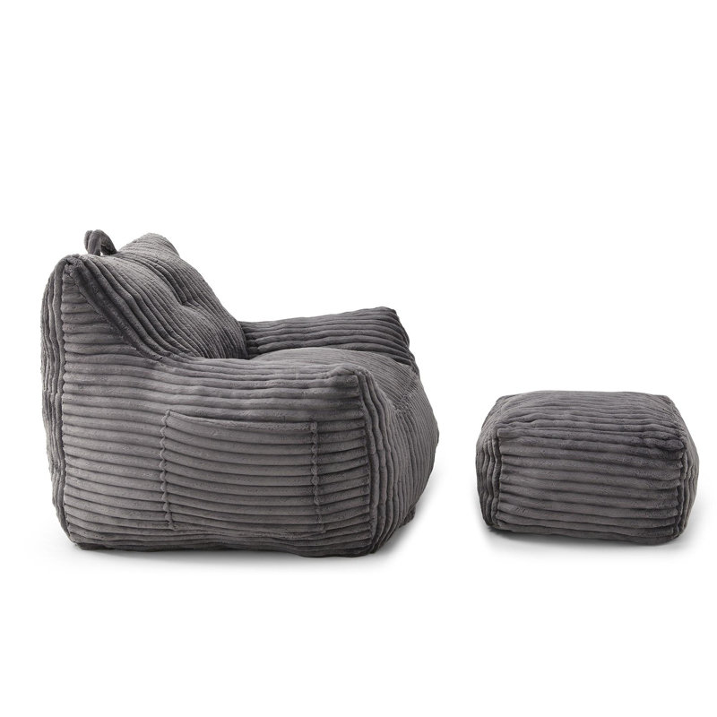 Comfy Lazy Bean Bag Chair with Armrests and Ottoman, Gray Corduroy