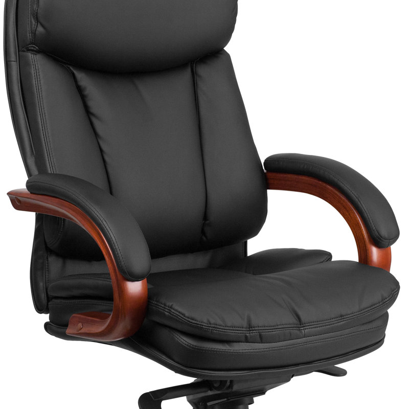 High Back Black Leather Executive Swivel Office Chair with Mahogany Wood Base
