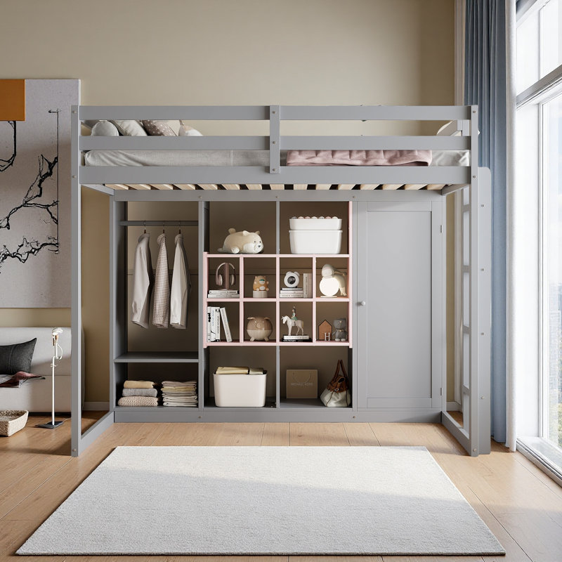 Lit mezzanine en bois avec garde-robe, tablettes et armoire, Gris, Lit double