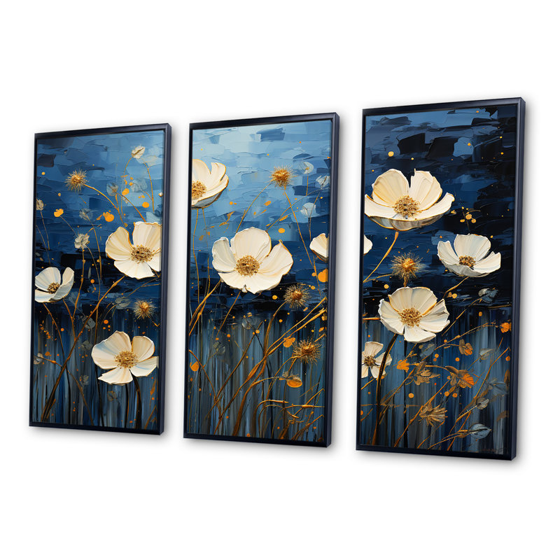 «Midnight Indigo Buttercups - Buttercups», ensemble d'art sur toile, Cadre flottant noir, H 28 po x l 36 po x P 1 po
