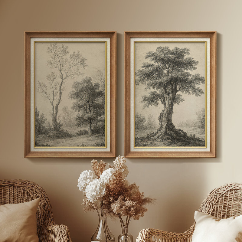 «Vintage Tree Landscape Gravures», ensemble de 2 reproductions d'art mural encadrées de qualité supérieure sur papier 26 po x 36 po