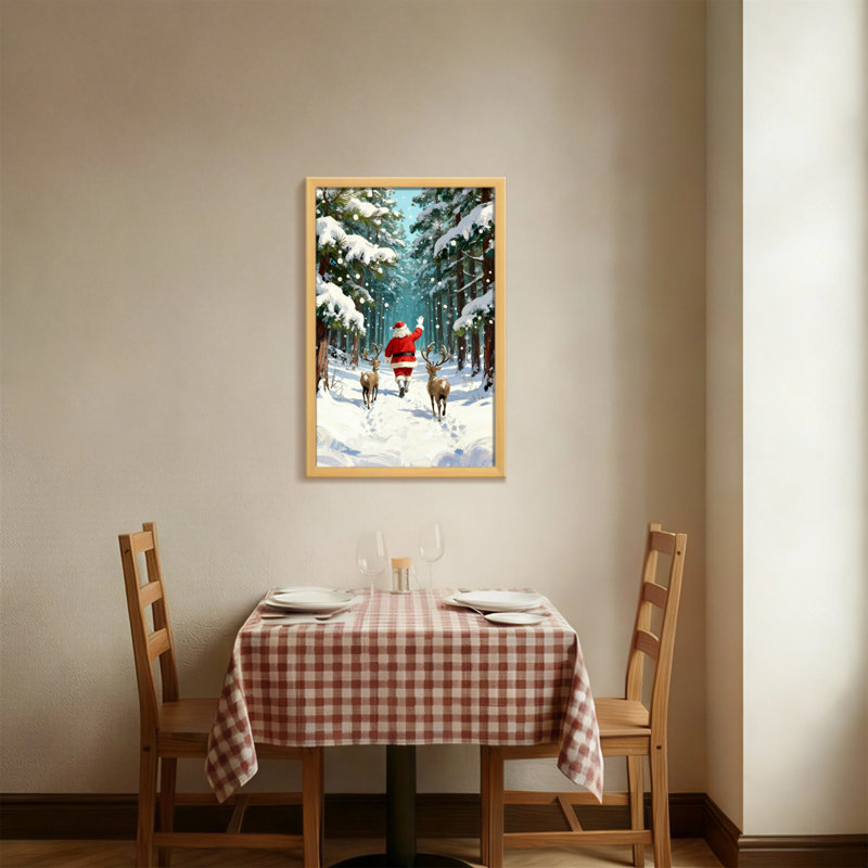 Noël père Noël marchant avec un renne dans la forêt enneigée, H 24 po x l 16 po