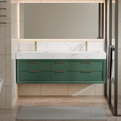 Meuble-lavabo mural de 60 po avec armoire en bois massif Melora, comptoir en pierre naturelle, tiroirs à fermeture en douceur et éclairage de designer DEL Melora