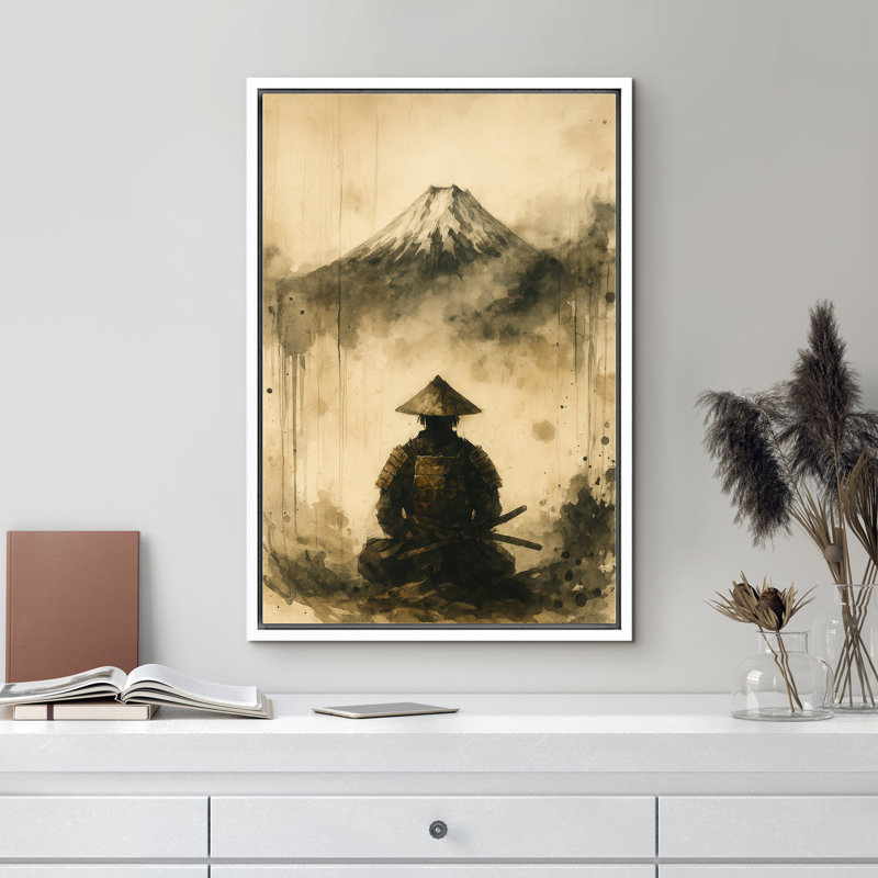 «Samurai with Mount Fuji Art», reproduction d'art sur toile encadrée, H 36 po x l 24 po x P 1,5 po, Cadre blanc