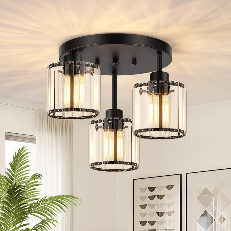 Plafonnier semi-encastré 3 lumières en cristal, plafonniers de cuisine noirs, luminaires de couloir modernes avec abat-jour en cristal transparent, plafonnier près du vestibule de vestibule de chambre à coucher