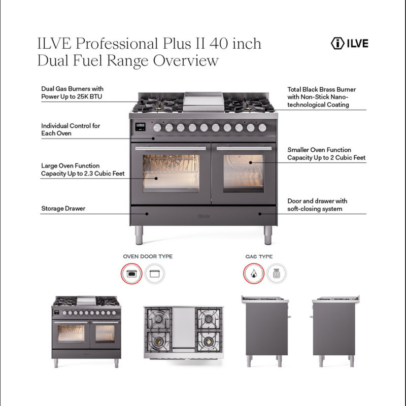 ILVE Professional Plus II 40 in Dual Fuel Range, White/Stainless Steel, Liquid Propane